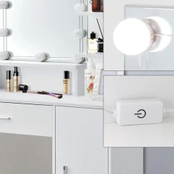 Schminktisch Frisiertisch 90x38x137 cm in Weiß mit LED Beleuchtung, Spiegel, Schublade, Schrank & Hocker ML-Design