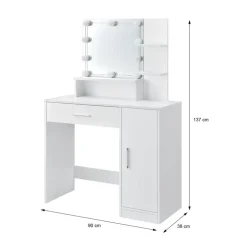Schminktisch Frisiertisch 90x38x137 cm in Weiß mit LED Beleuchtung, Spiegel, Schublade, Schrank & Hocker ML-Design