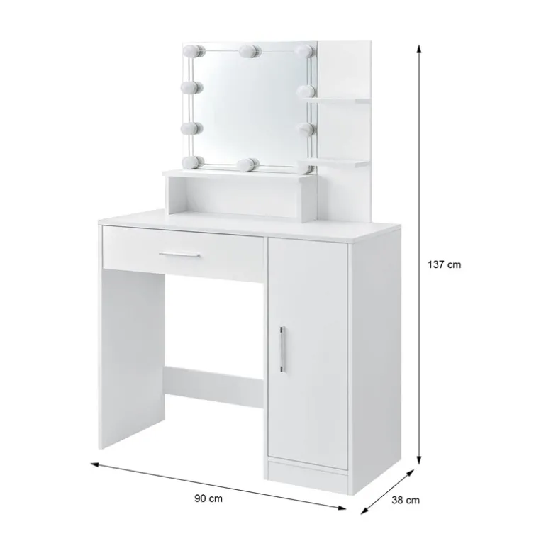Schminktisch Frisiertisch 90x38x137 cm in Weiß mit LED Beleuchtung, Spiegel, Schublade, Schrank & Hocker ML-Design