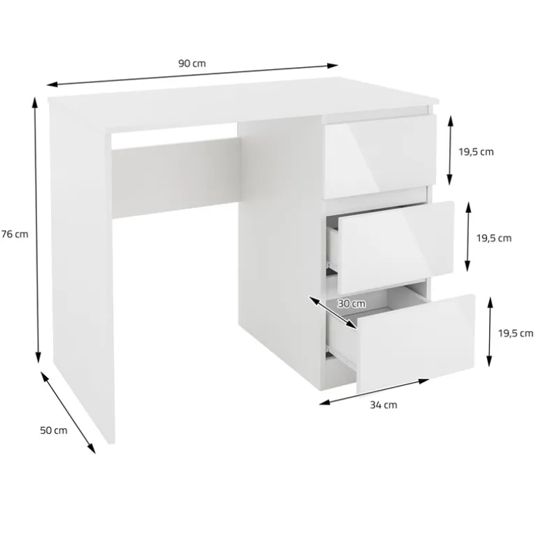 Schreibtisch mit drei Schubladen 90x76x50 cm Weiß aus Pressspan ML-Design