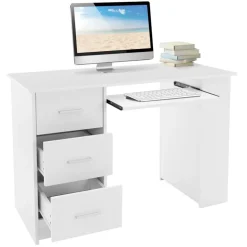 Schreibtisch mit drei Schubladen drei Regale und Tastaturauszug 110x49x75 cm Weiß aus Holz ML-Design