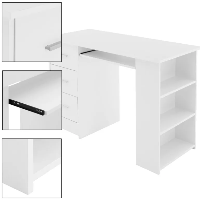 Schreibtisch mit drei Schubladen drei Regale und Tastaturauszug 110x49x75 cm Weiß aus Holz ML-Design