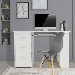Schreibtisch mit drei Schubladen drei Regale und Tastaturauszug 110x49x75 cm Weiß aus Holz ML-Design