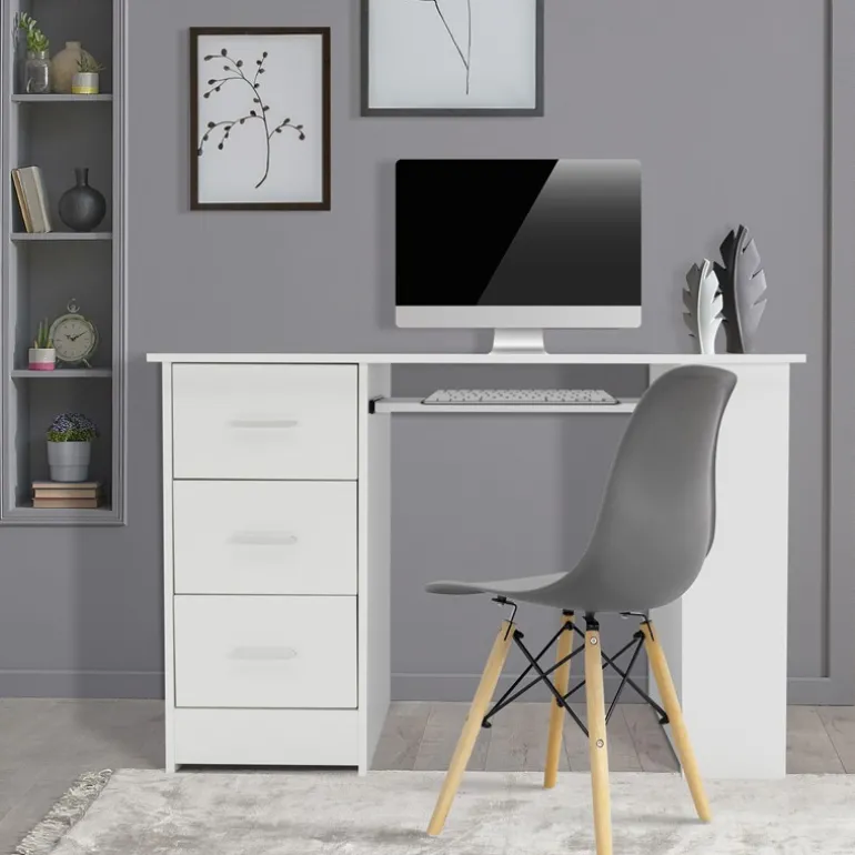 Schreibtisch mit drei Schubladen drei Regale und Tastaturauszug 110x49x75 cm Weiß aus Holz ML-Design