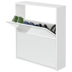 Schuhschrank mit zwei Fächern und Spiegel 63x17x67 cm Weiß ML-Design