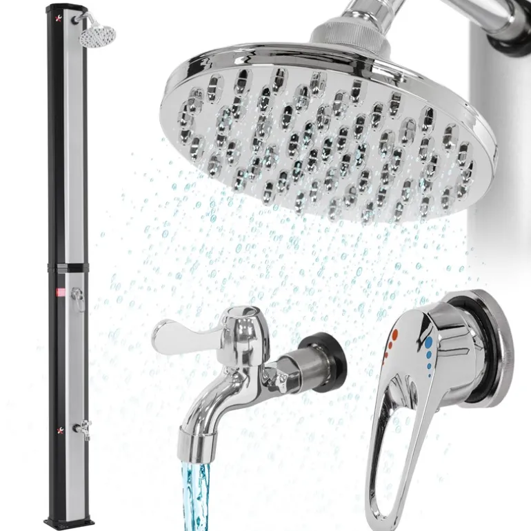 Solardusche 35L mit Fußdusche und Regenduschkopf Silber/Schwarz aus PVC verchromt