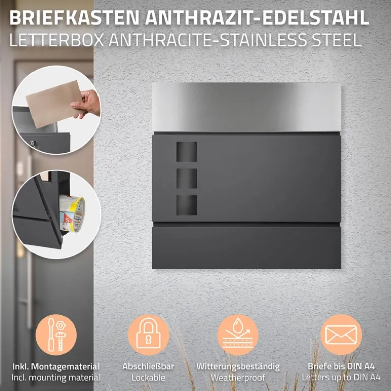 Standbriefkasten mit Zeitungsfach 37 cm Anthrazit inkl. Ständer 120 cm hoch Silber Briefkasten freistehend