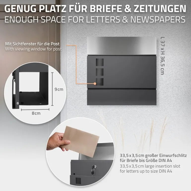 Standbriefkasten mit Zeitungsfach 37 cm Anthrazit inkl. Ständer 120 cm hoch Silber Briefkasten freistehend