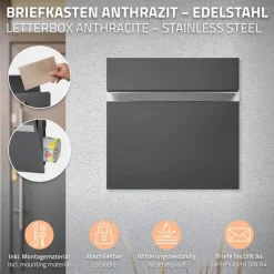 Standbriefkasten mit Zeitungsfach 37 cm Anthrazit inkl. Ständer 120 cm hoch Silber Briefkasten freistehend