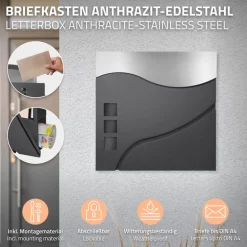Standbriefkasten mit Zeitungsfach 37 cm Anthrazit/Silber inkl. Ständer 120 cm hoch Silber Briefkasten freistehend