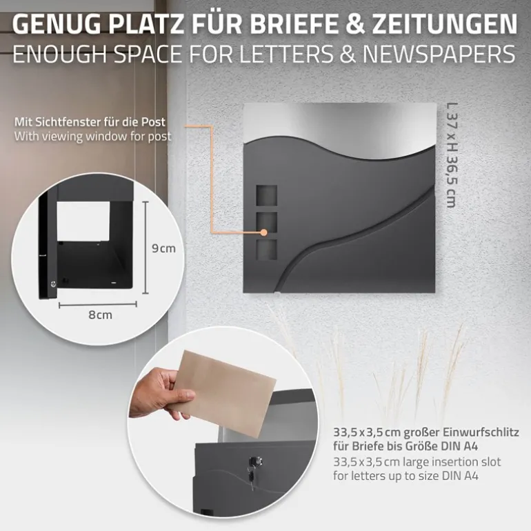 Standbriefkasten mit Zeitungsfach 37 cm Anthrazit/Silber inkl. Ständer 120 cm hoch Silber Briefkasten freistehend