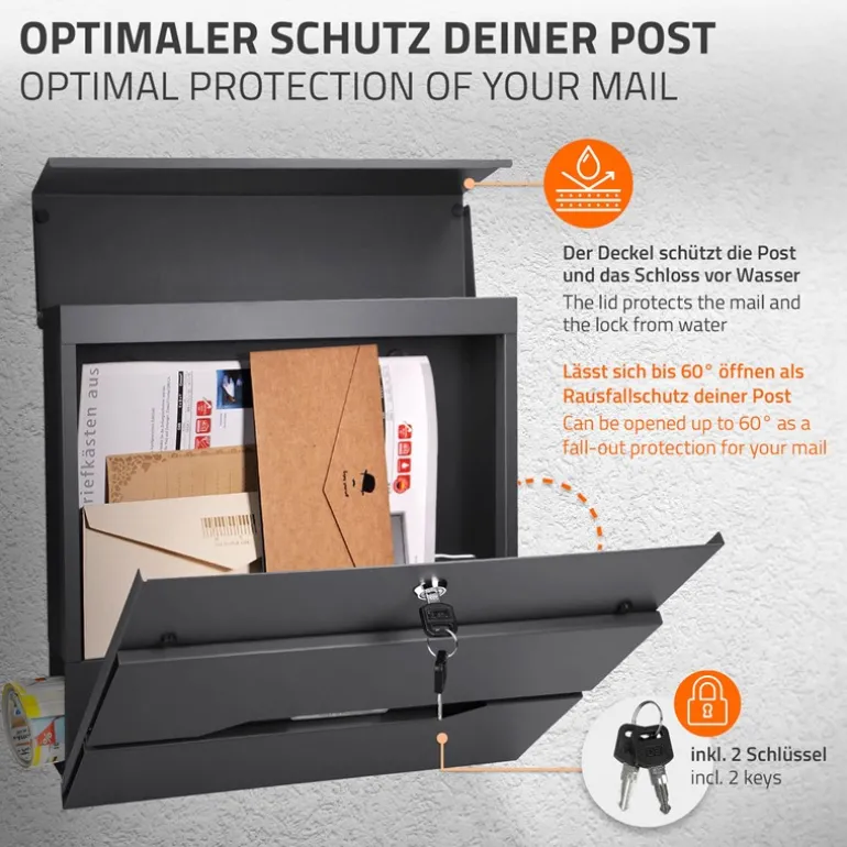 Standbriefkasten mit Zeitungsfach 37x11x36,5 cm Anthrazit aus Edelstahl ML-Design