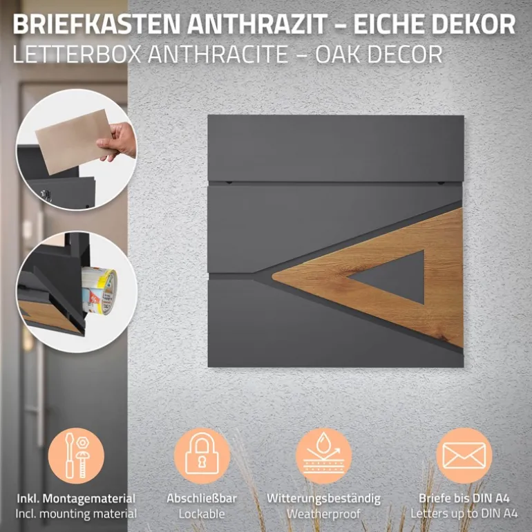 Standbriefkasten mit Zeitungsfach 37x36,5x11 cm Anthrazit/Eicheoptik aus Stahl ML-Design