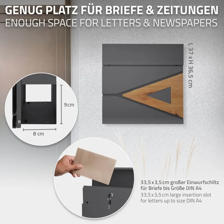 Standbriefkasten mit Zeitungsfach 37x36,5x11 cm Anthrazit/Eicheoptik aus Stahl ML-Design