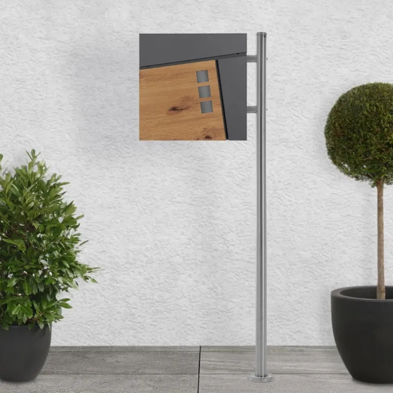 Standbriefkasten mit Zeitungsfach 37x36,5x11 cm Anthrazit/Holzoptik aus Stahl ML-Design, Modernes Asymetrisches Design, Standhöhe 120 cm Silber