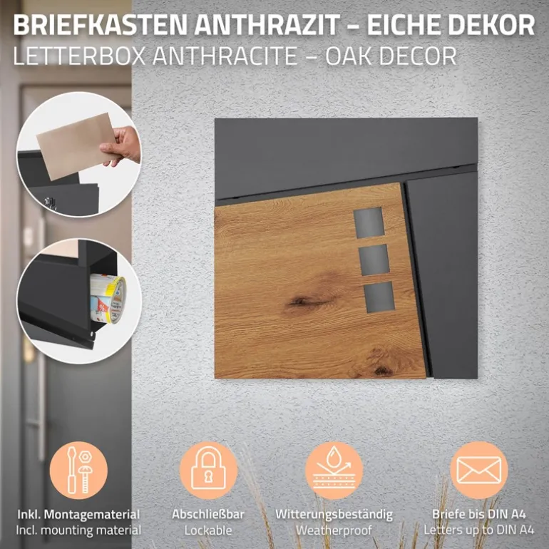 Standbriefkasten mit Zeitungsfach 37x36,5x11 cm Anthrazit/Holzoptik aus Stahl ML-Design, Modernes Asymetrisches Design, Standhöhe 120 cm Silber