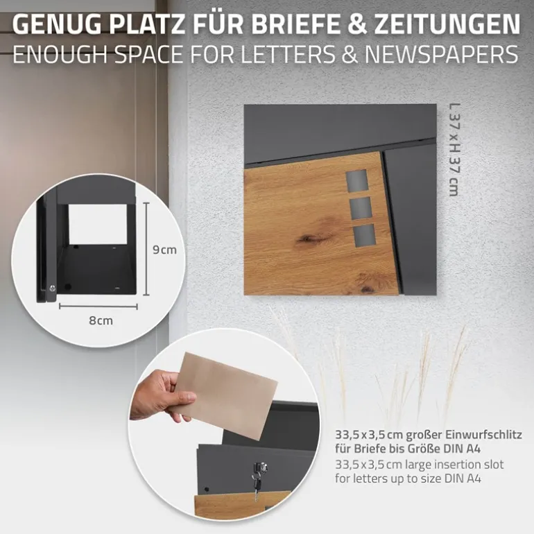 Standbriefkasten mit Zeitungsfach 37x36,5x11 cm Anthrazit/Holzoptik aus Stahl ML-Design, Modernes Asymetrisches Design, Standhöhe 120 cm Silber