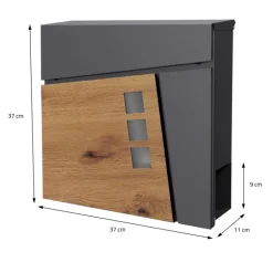 Standbriefkasten mit Zeitungsfach 37x36,5x11 cm Anthrazit/Holzoptik aus Stahl ML-Design, Modernes Asymetrisches Design, Standhöhe 120 cm Silber