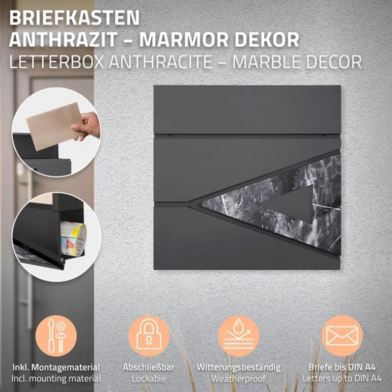 Standbriefkasten mit Zeitungsfach 37x36,5x11 cm Anthrazit/Schwarz-Marmoroptik aus Stahl ML-Design, Modernes Dreieckiges Design, Standhöhe 120 cm Silber