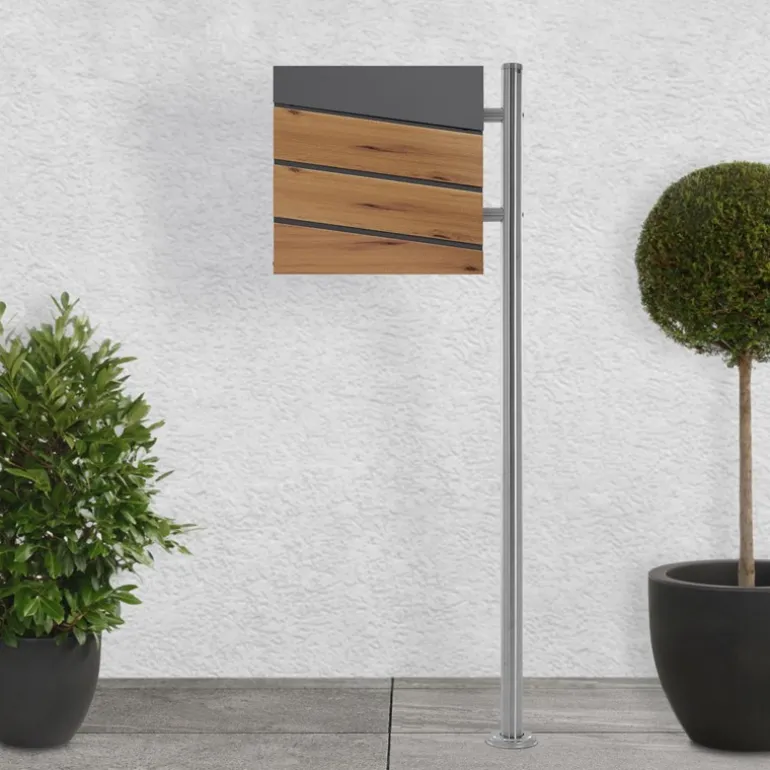 Standbriefkasten mit Zeitungsfach 37x37x11 cm Anthrazit/Holzoptik aus Stahl ML-Design, Modernes Diagonales Design, Standhöhe 120 cm Silber
