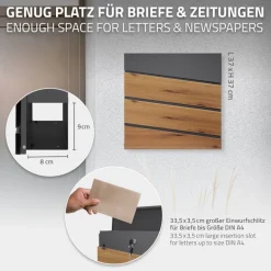 Standbriefkasten mit Zeitungsfach 37x37x11 cm Anthrazit/Holzoptik aus Stahl ML-Design, Modernes Diagonales Design, Standhöhe 120 cm Silber