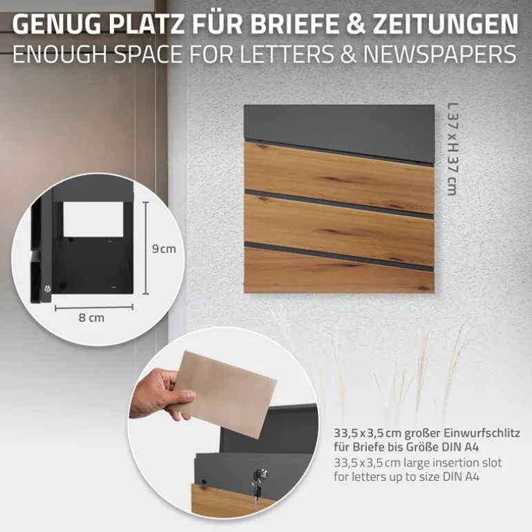 Standbriefkasten mit Zeitungsfach 37x37x11 cm Anthrazit/Holzoptik aus Stahl ML-Design, Modernes Diagonales Design, Standhöhe 120 cm Silber
