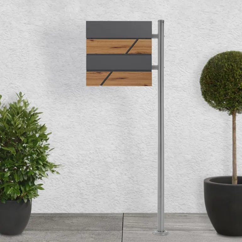 Standbriefkasten mit Zeitungsfach 37x37x11 cm Anthrazit/Holzoptik aus Stahl ML-Design, Modernes Horizontales Design Standhöhe 120cm Silber