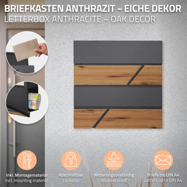Standbriefkasten mit Zeitungsfach 37x37x11 cm Anthrazit/Holzoptik aus Stahl ML-Design, Modernes Horizontales Design Standhöhe 120cm Silber