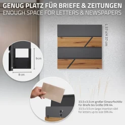 Standbriefkasten mit Zeitungsfach 37x37x11 cm Anthrazit/Holzoptik aus Stahl ML-Design, Modernes Horizontales Design Standhöhe 120cm Silber