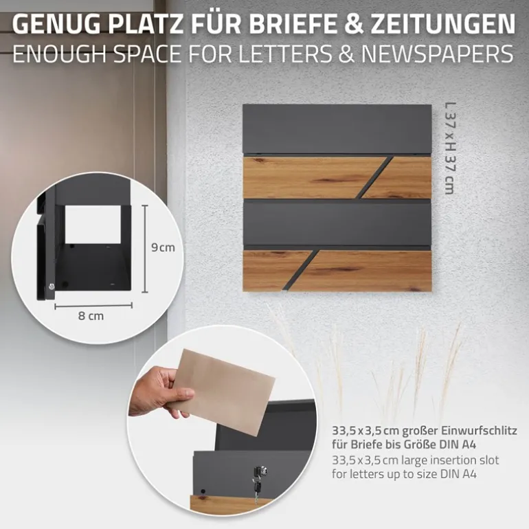 Standbriefkasten mit Zeitungsfach 37x37x11 cm Anthrazit/Holzoptik aus Stahl ML-Design, Modernes Horizontales Design Standhöhe 120cm Silber