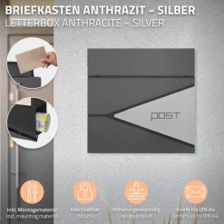 Standbriefkasten mit Zeitungsfach 37x37x11 cm Anthrazit/Silber aus Edelstahl ML-Design