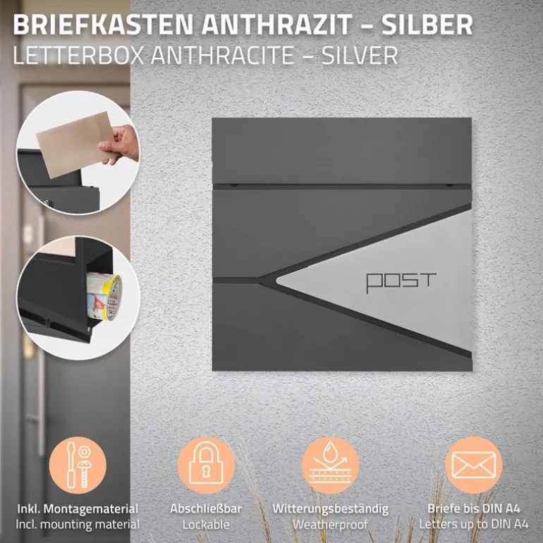 Standbriefkasten mit Zeitungsfach 37x37x11 cm Anthrazit/Silber aus Edelstahl ML-Design