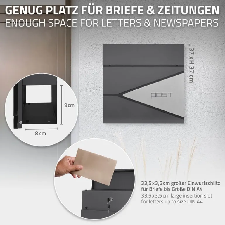 Standbriefkasten mit Zeitungsfach 37x37x11 cm Anthrazit/Silber aus Edelstahl ML-Design