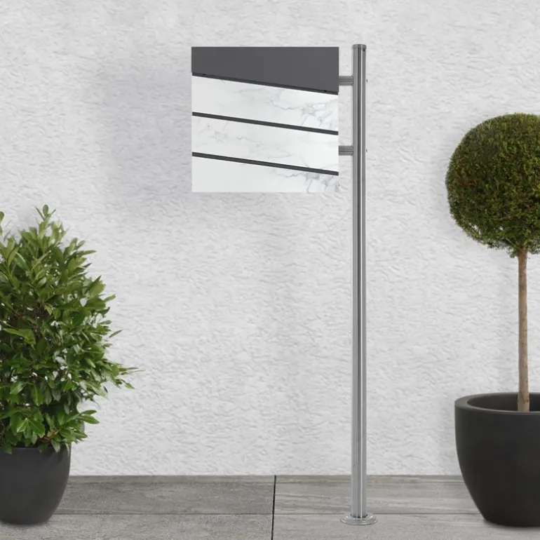Standbriefkasten mit Zeitungsfach 37x37x11 cm Anthrazit/Weiß-Marmoroptik aus Stahl ML-Design, Modernes Diagonales Design, Standhöhe 120 cm Silber