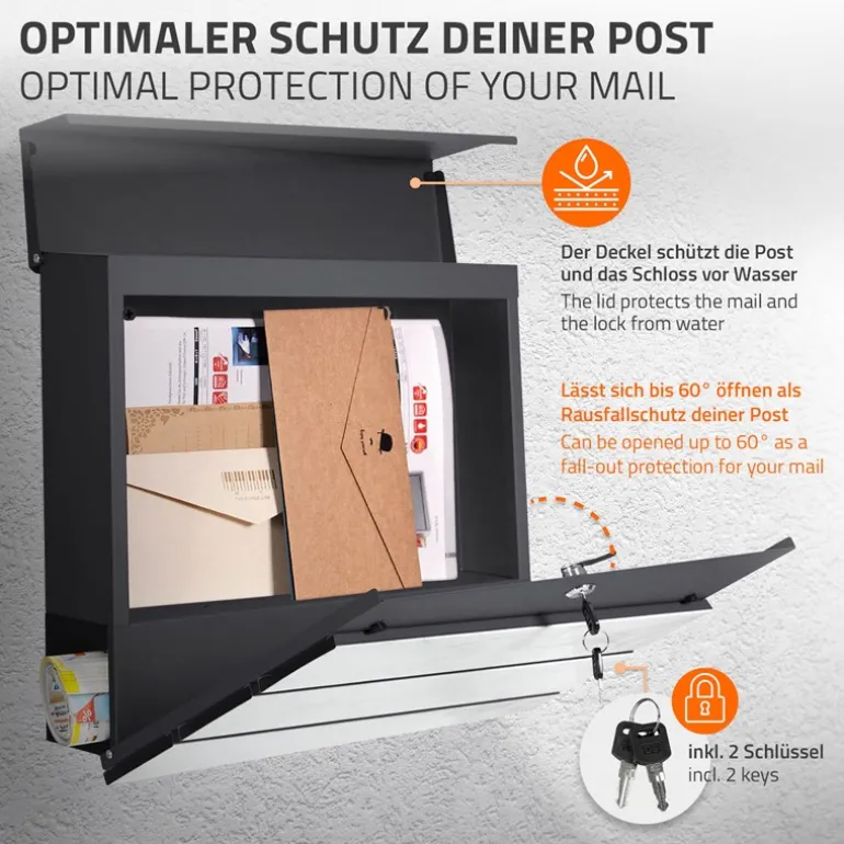 Standbriefkasten mit Zeitungsfach 37x37x11 cm Anthrazit/Weiß-Marmoroptik aus Stahl ML-Design, Modernes Diagonales Design, Standhöhe 120 cm Silber