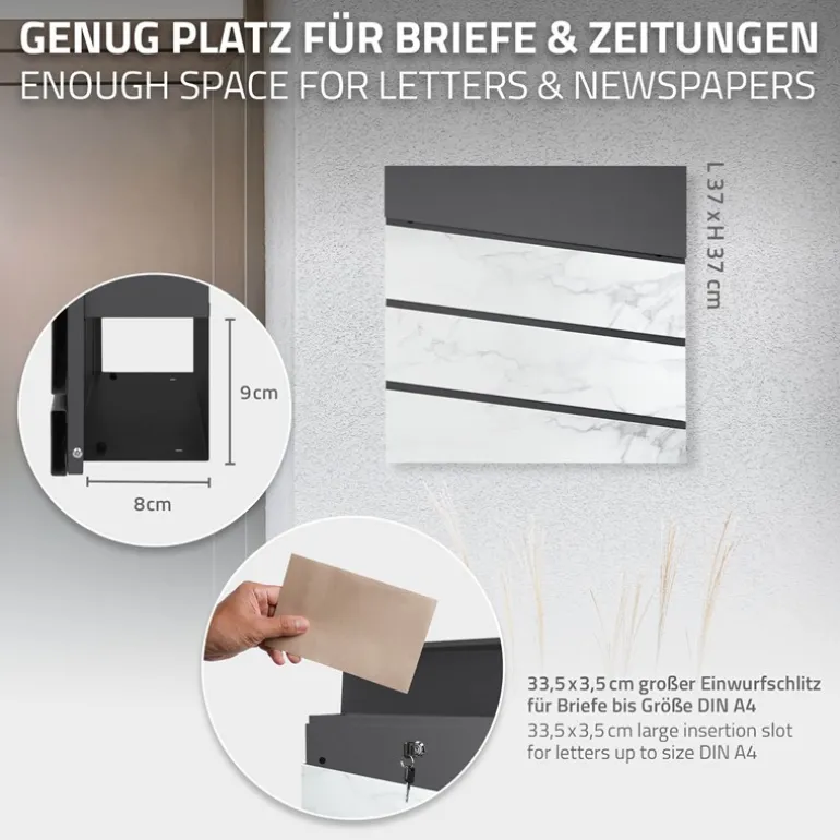 Standbriefkasten mit Zeitungsfach 37x37x11 cm Anthrazit/Weiß-Marmoroptik aus Stahl ML-Design, Modernes Diagonales Design, Standhöhe 120 cm Silber