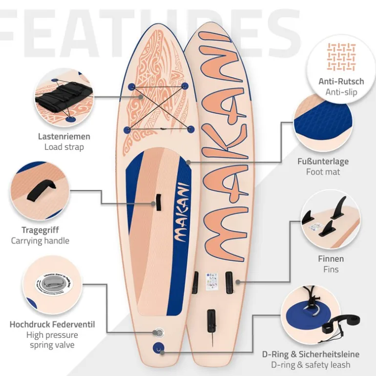 Stand Up Paddle aufblasbares SUP Board Makani 320x80x15 cm in Apricot aus PVC inkl. Pumpe und Tragetasche
