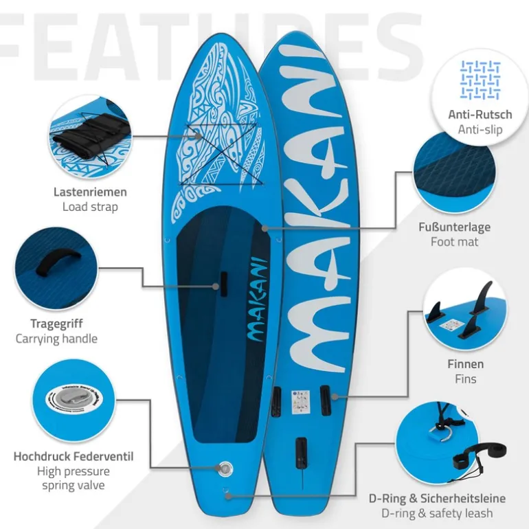 Stand Up Paddle aufblasbares SUP Board Makani 320x80x15 cm in Blau aus PVC inkl. Pumpe und Tragetasche