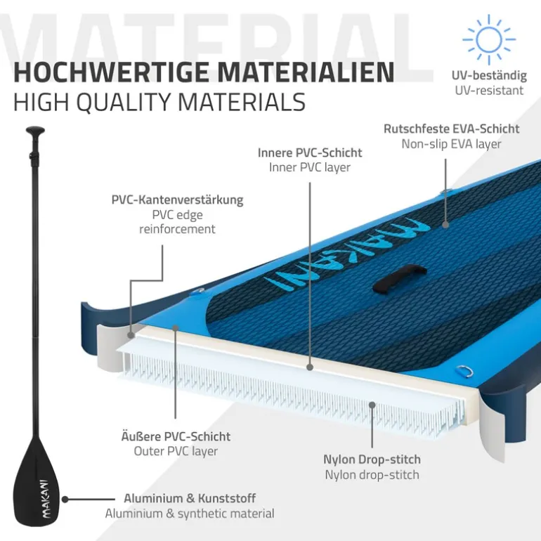 Stand Up Paddle aufblasbares SUP Board Makani 320x80x15 cm in Blau aus PVC inkl. Pumpe und Tragetasche