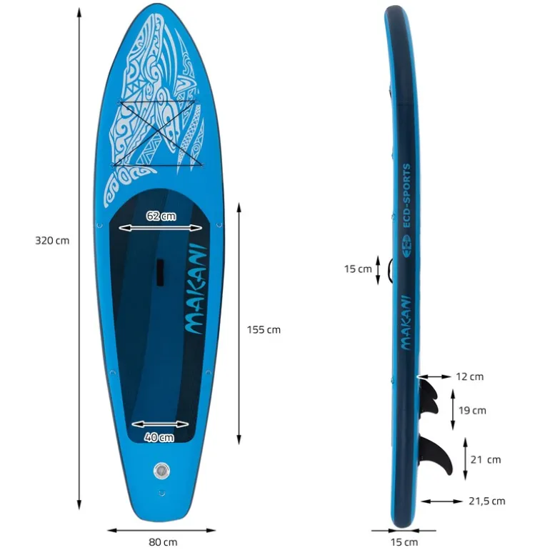 Stand Up Paddle aufblasbares SUP Board Makani 320x80x15 cm in Blau aus PVC inkl. Pumpe und Tragetasche