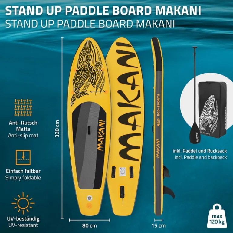 Stand Up Paddle aufblasbares SUP Board Makani 320x80x15 cm in Gelb aus PVC inkl. Pumpe und Tragetasche