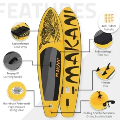Stand Up Paddle aufblasbares SUP Board Makani 320x80x15 cm in Gelb aus PVC inkl. Pumpe und Tragetasche