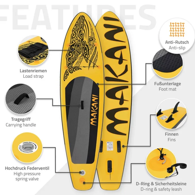 Stand Up Paddle aufblasbares SUP Board Makani 320x80x15 cm in Gelb aus PVC inkl. Pumpe und Tragetasche