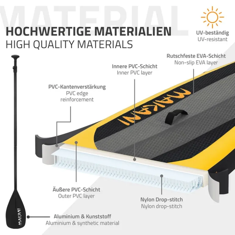 Stand Up Paddle aufblasbares SUP Board Makani 320x80x15 cm in Gelb aus PVC inkl. Pumpe und Tragetasche