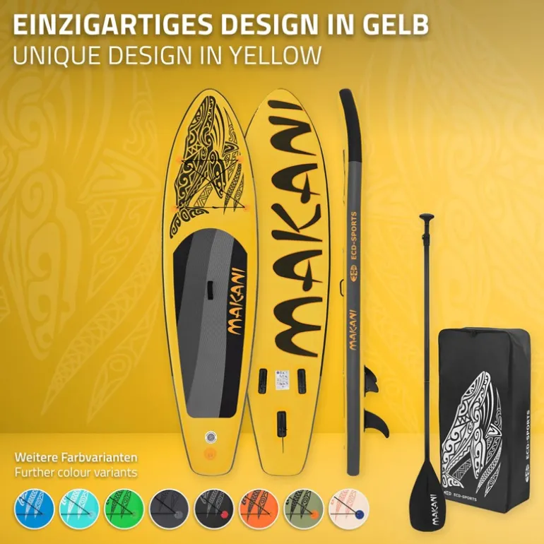 Stand Up Paddle aufblasbares SUP Board Makani 320x80x15 cm in Gelb aus PVC inkl. Pumpe und Tragetasche