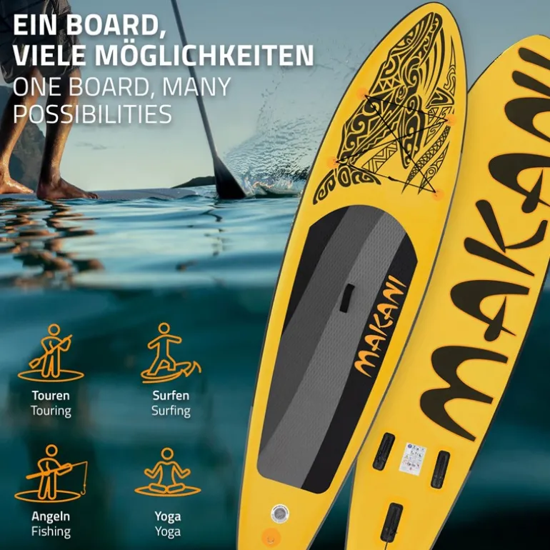 Stand Up Paddle aufblasbares SUP Board Makani 320x80x15 cm in Gelb aus PVC inkl. Pumpe und Tragetasche