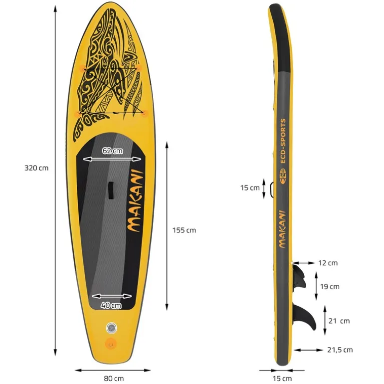 Stand Up Paddle aufblasbares SUP Board Makani 320x80x15 cm in Gelb aus PVC inkl. Pumpe und Tragetasche