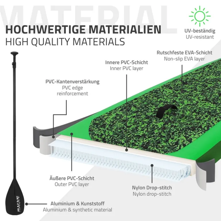 Stand Up Paddle aufblasbares SUP Board Makani 320x80x15 cm in Grün aus PVC inkl. Pumpe und Tragetasche