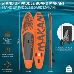 Stand Up Paddle aufblasbares SUP Board Makani 320x80x15 cm in Orange aus PVC inkl. Pumpe und Tragetasche