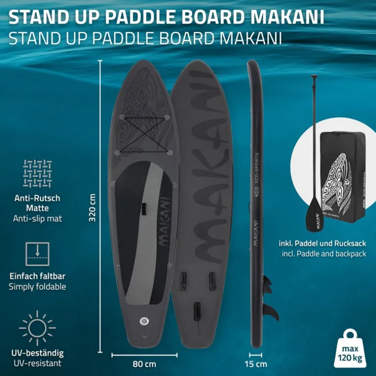 Stand Up Paddle aufblasbares SUP Board Makani 320x80x15 cm in Schwarz us PVC inkl. Pumpe und Tragetasche